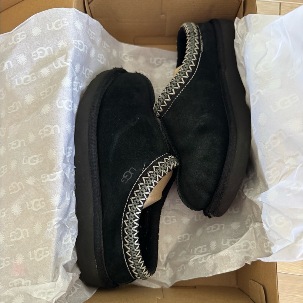 UGG Black Suede Slip-On Slippers with Contrast Stitching
